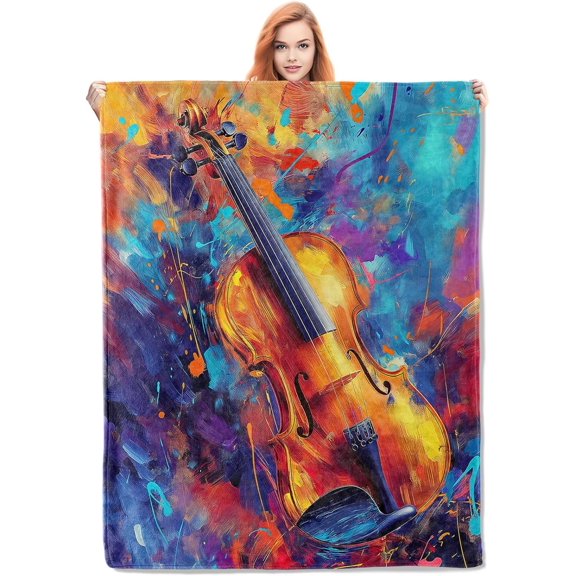 Colorful Violin Throw Blanket Gifts, Soft Cozy Fleece Blanket with Vibrant Musical Instrument Print, Blanket for Couch Bed Sofa, Perfect for Music Lovers and Artistic Decor, 40x50 in