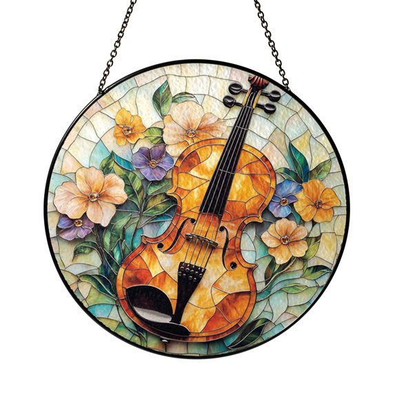 Colorful Violin Window Hanging Suncatcher, Musical Instrument Stained Glass Decor, Artistic Home Accent