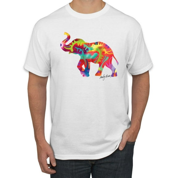 Colorful Walking Good Luck Elephant Animal Lover Men's Graphic T-Shirt, White, Medium
