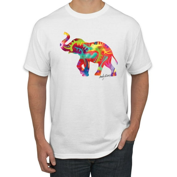 Colorful Walking Good Luck Elephant Animal Lover Men's Graphic T-Shirt, White, X-Large