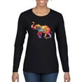 thumbnail image 1 of Colorful Walking Good Luck Elephant Animal Lover Womens Graphic Long Sleeve T-Shirt, Black, Small, 1 of 3