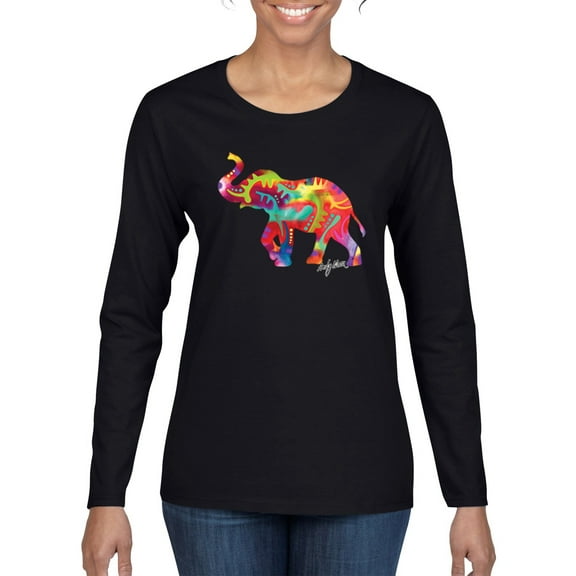 Colorful Walking Good Luck Elephant Animal Lover Womens Graphic Long Sleeve T-Shirt, Black, Small