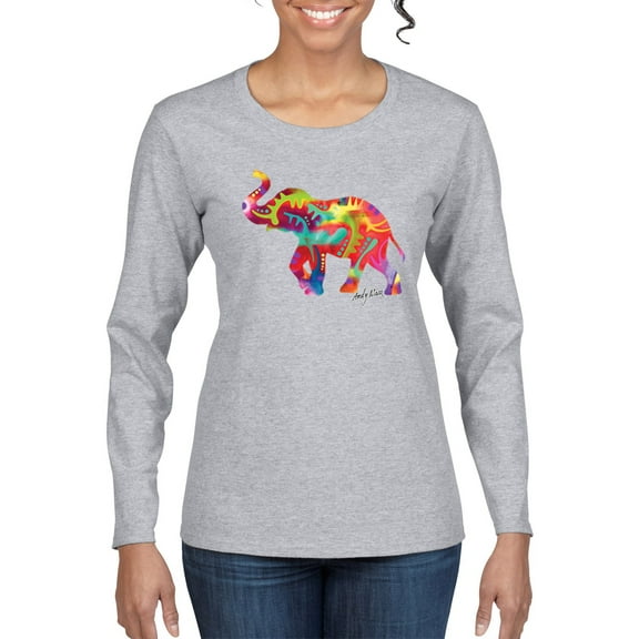 Colorful Walking Good Luck Elephant Animal Lover Womens Graphic Long Sleeve T-Shirt, Heather Grey, 2XL