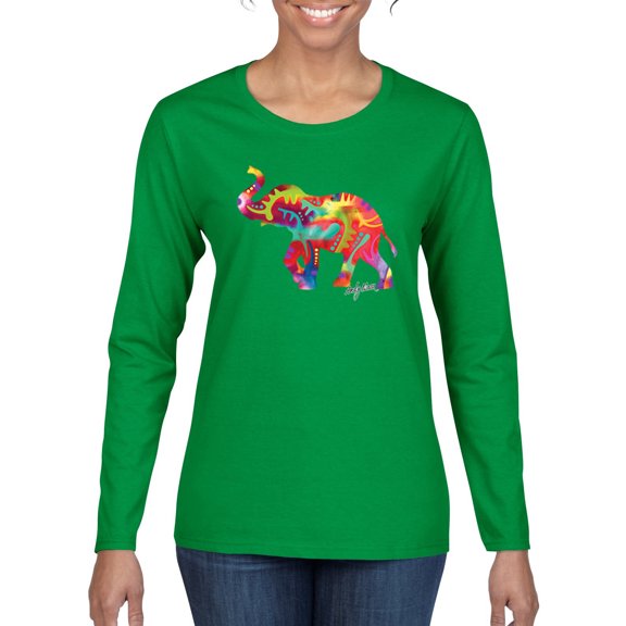 Colorful Walking Good Luck Elephant Animal Lover Womens Graphic Long Sleeve T-Shirt, Kelly, Large