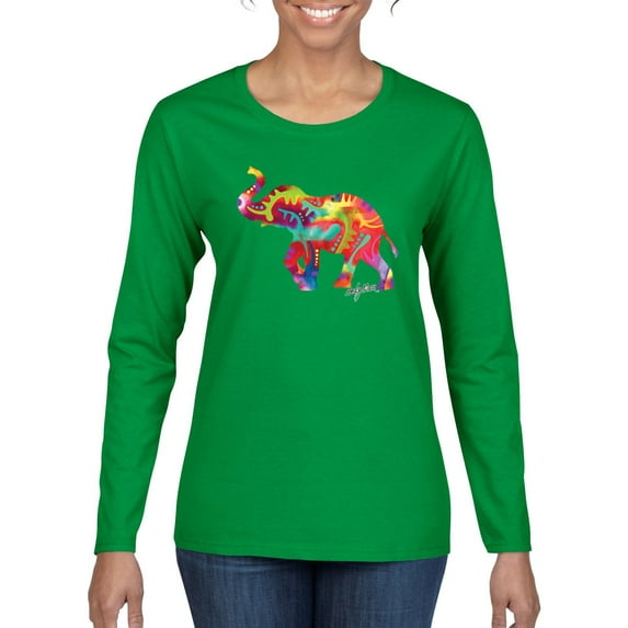 Colorful Walking Good Luck Elephant Animal Lover Womens Graphic Long Sleeve T-Shirt, Kelly, Medium