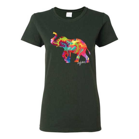 Colorful Walking Good Luck Elephant Animal Lover Womens Graphic T-Shirt, Forest Green, Small