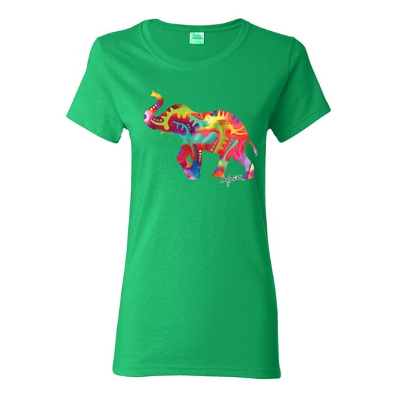 Colorful Walking Good Luck Elephant Animal Lover Womens Graphic T-Shirt, Kelly, Small