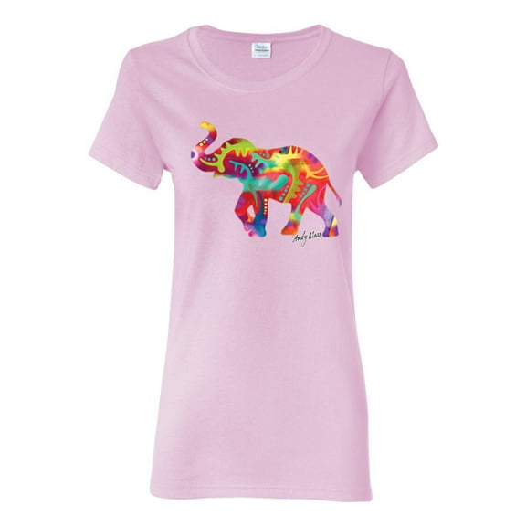 Colorful Walking Good Luck Elephant Animal Lover Womens Graphic T-Shirt, Light Pink, 2XL