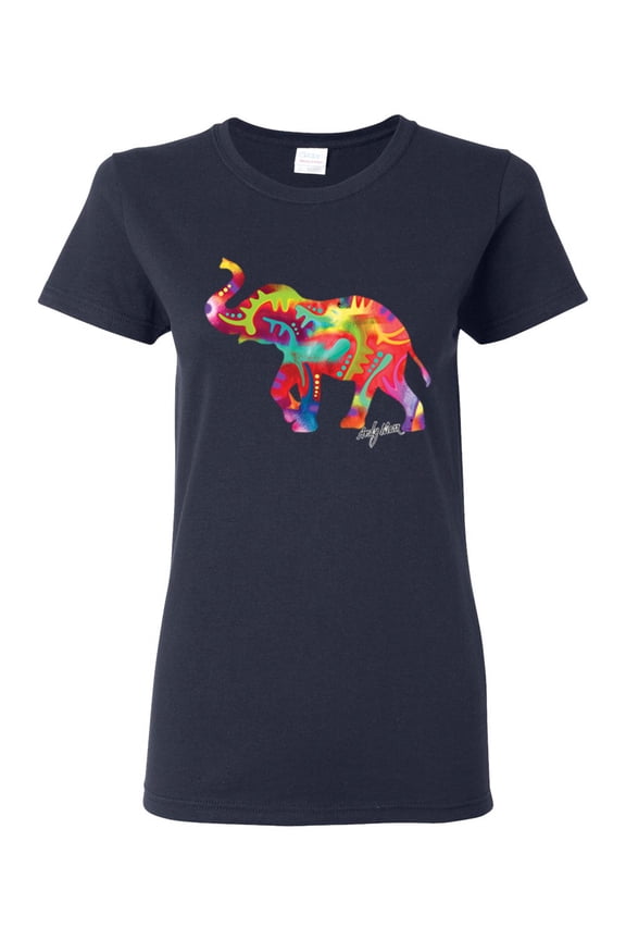 Colorful Walking Good Luck Elephant Animal Lover Womens Graphic T-Shirt, Navy, Medium