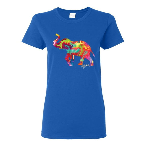 Colorful Walking Good Luck Elephant Animal Lover Womens Graphic T-Shirt, Royal, X-Large