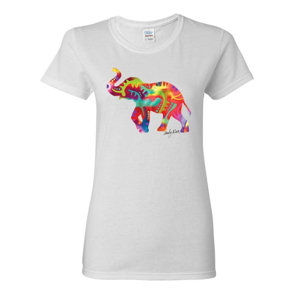Colorful Walking Good Luck Elephant Animal Lover Womens Graphic T-Shirt, White, X-Large