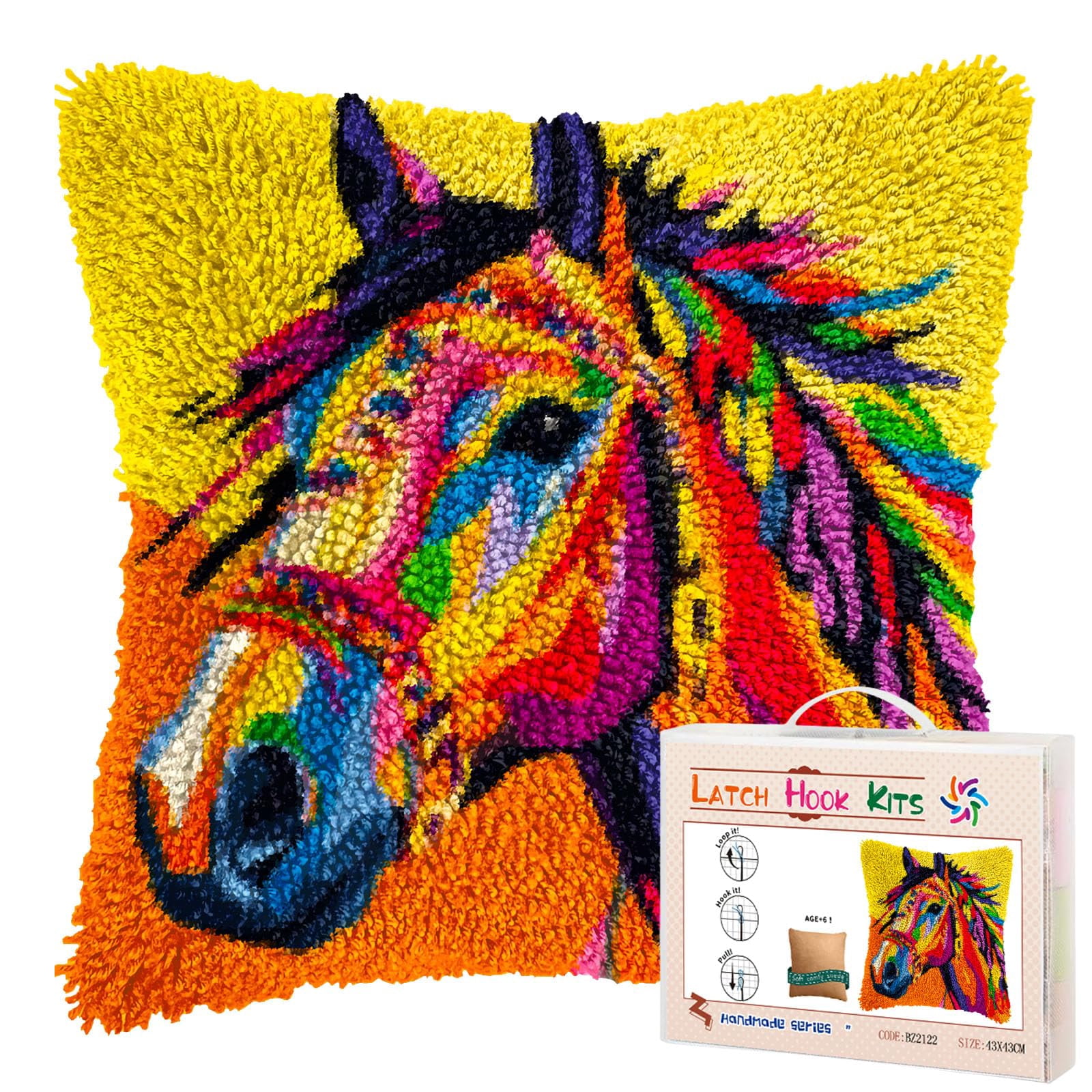 Colorful War Horse DIY Latch Hook Pillow Kits for Adults Printed Pillowcase Crochet Yarns Hooking Handmade Pillow Cover Cushion for Home Sofa Decoration 17x17inch