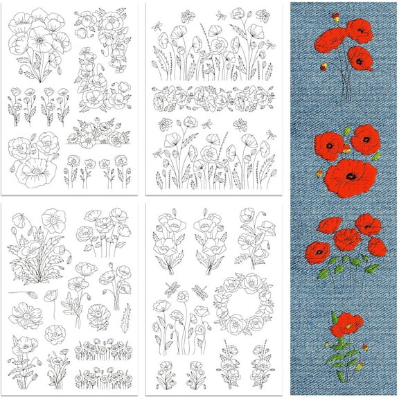 Colorful Water Soluble Embroidery Patterns for Beginners 4 Sheets with 30pcs Papaver Rhoeas Patterns Wash Away Embroidery Pattern Stabilizer for Hand Sewing Lover Women Adults