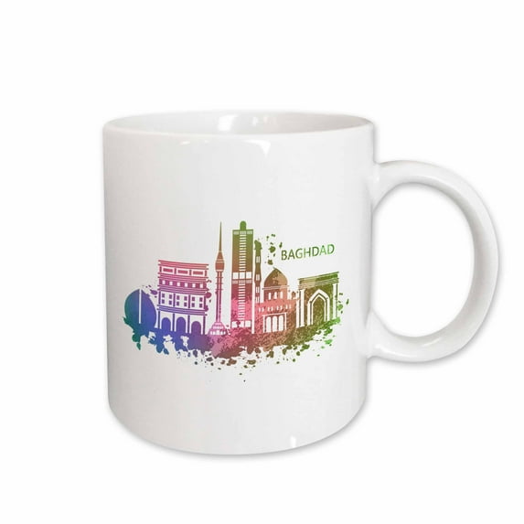 3drose, Colorful Watercolor Art with Skyline of Baghdad Iraq, 11oz Mug