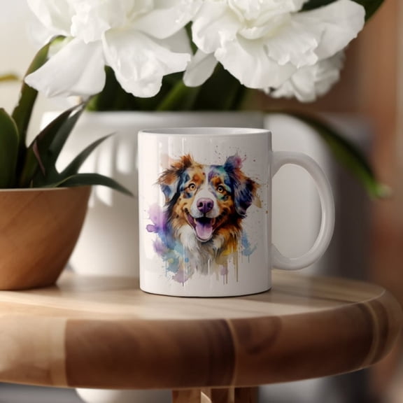 Colorful Watercolor Australian Shepherd Ceramic Mug, Cute Aussie Painting Mug, Dog Lover's Gifoffee Cup, Dog Owner's Tea Cup, & oz.