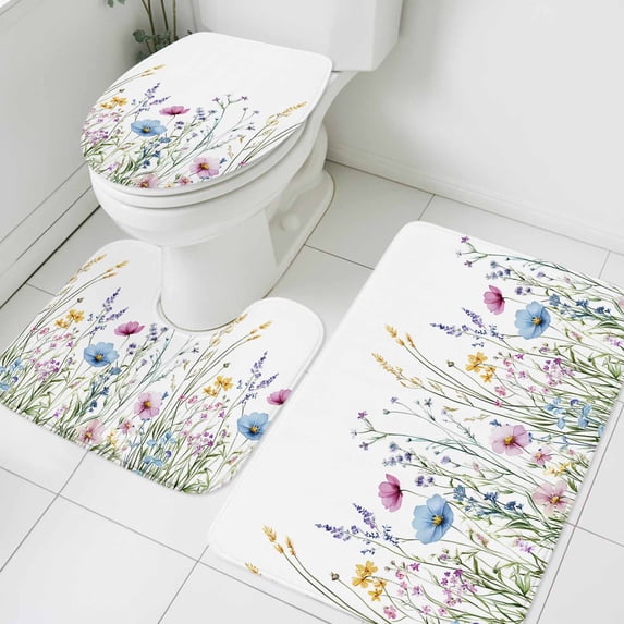 Colorful Watercolor Bathroom Rugs Set Wildflower Field Plant Nature Scenery Non Slip Absorbent Soft Bath Mats 3 Piece Set with Bathroom Rug, U-Shaped Floor Mat, Toilet Seat Cover Large Size