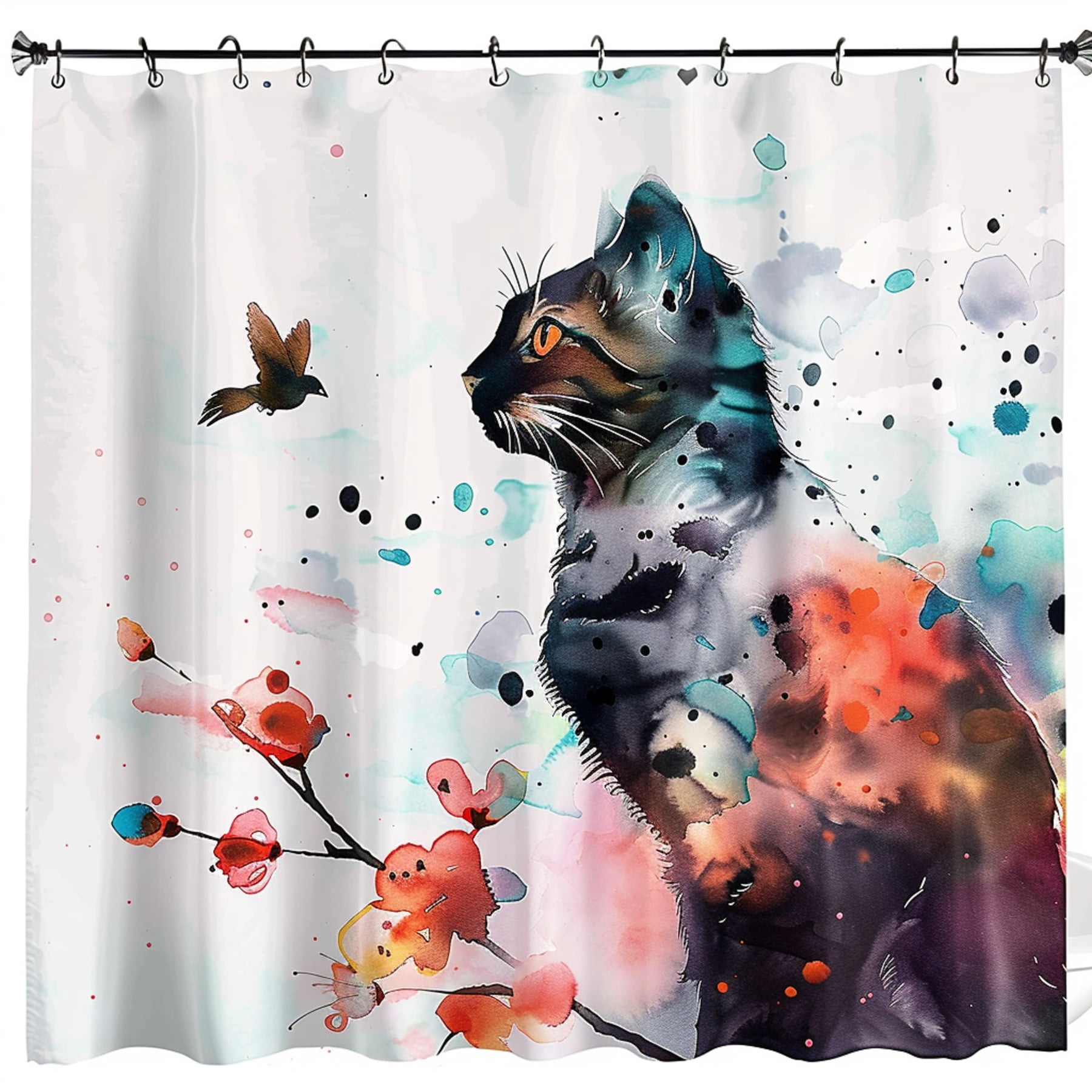 Colorful Watercolor Cat and Bird Design Shower Curtain with Hooks for ...