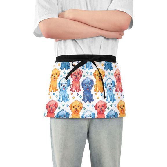 Colorful Watercolor Dogs Server Apron with 3 Pockets Waterproof Waitress Waist Short Apron for Man Woman 12 Inches