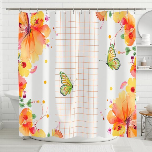 Colorful Watercolor Floral & Butterfly Shower Curtain - White with Orange Pattern