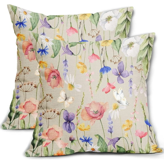 Colorful Watercolor Floral Print Pillow Covers 20x20 Set of 2 Spring Flower Decorative Throw Pillows Outdoor Farmhouse Seasonal Linen Pillowcase Square Cushion Case Decor for Home Sofa Couch Bed