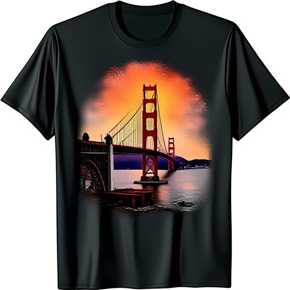 Colorful Watercolor Golden Gate Bridge Black T-Shirt Sunset Design