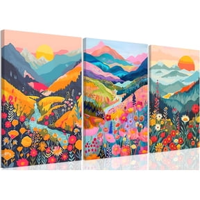 Colorful Watercolor Mountain Canvas Wall Art Set of 3 Boho Flower Picture Wall Decor Abstract Nature Landscape Artwork Paintings Posters Print for Living Room Bedroom Office 16x12In Framed