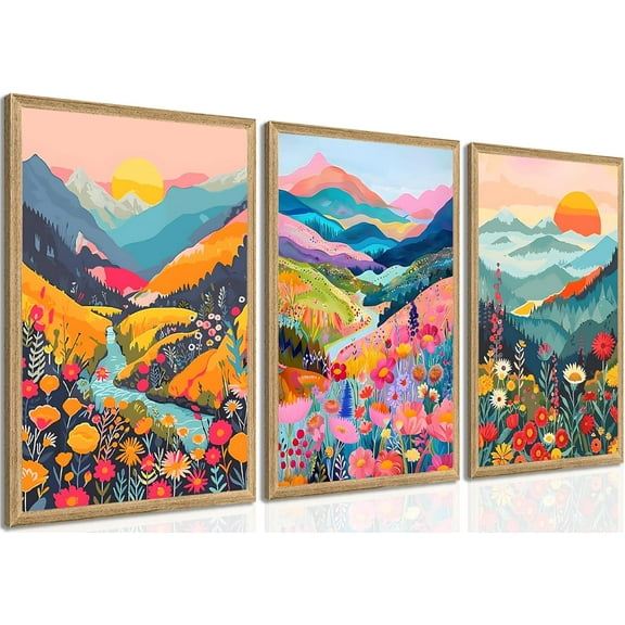 Colorful Watercolor Mountain Canvas Wall Art Set of 3 Boho Flower Picture Wall Decor Abstract Nature Landscape Artwork Paintings Posters Print for Living Room Bedroom Office 16x12In d