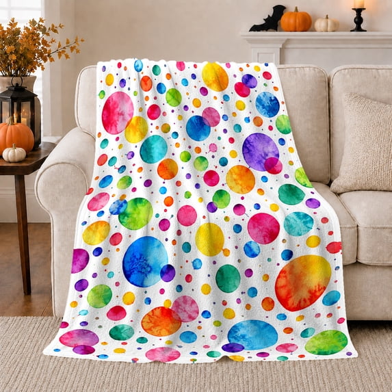 Colorful Watercolor Polka Dot Cheerful Confetti Circle, Playful Artistic Scene, Warm Flannel Blanket for Home Library and Reading Nook, Art Lovers Housewarming Gift, Artistic Home Decor