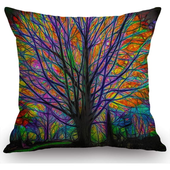 Colorful Watercolor Spring Life Tree Farmhouse Pillow Cover Cotton Linen Decorative Square Throw Pillow Cover 18x18 Inch for Sofa Couch Decoration