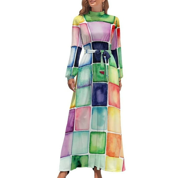 Colorful Watercolor Squares Pattern Women's Long Dress Long Sleeves Dress Vintage Dresses Party Maxi Dress High Waist Dress