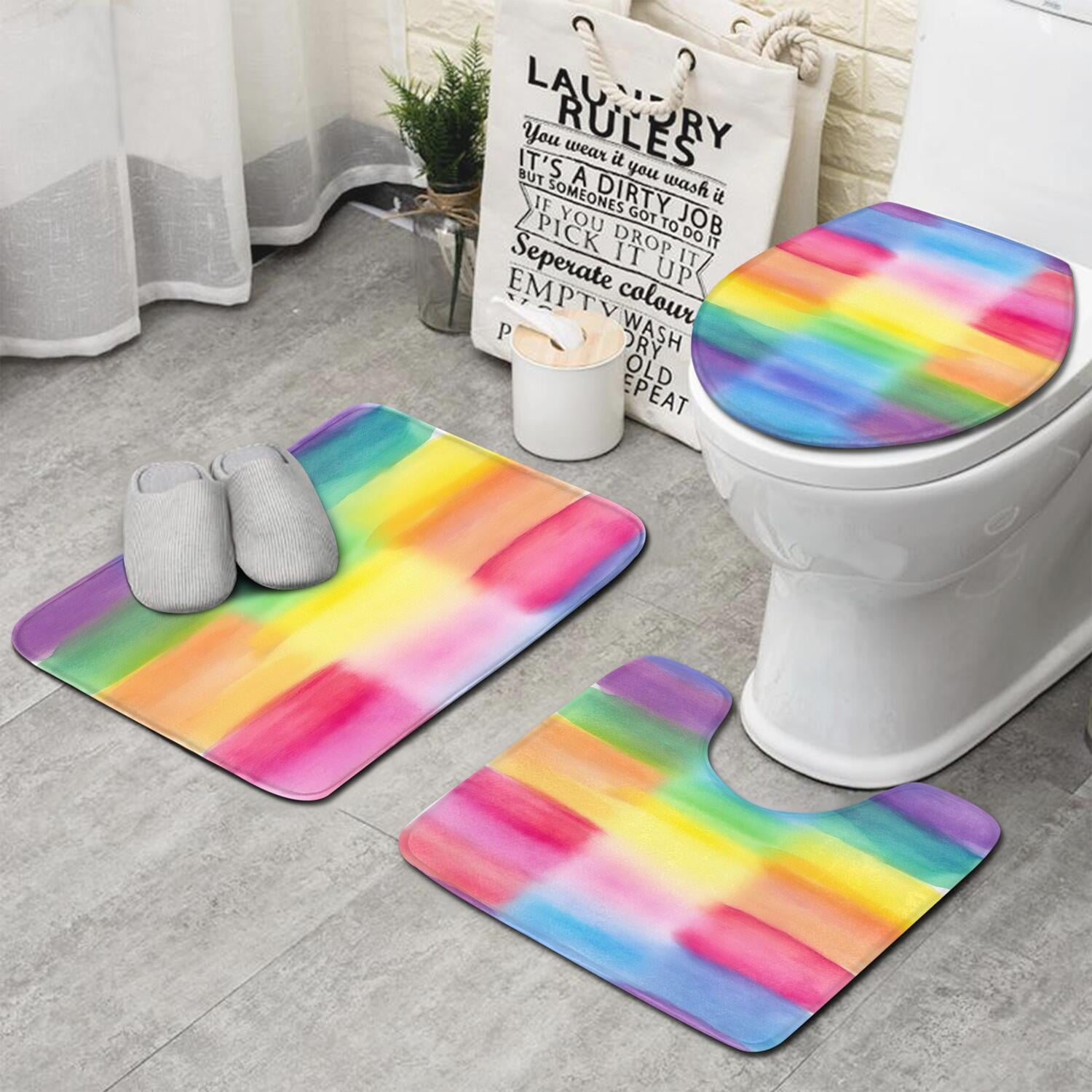 Colorful Watercolor Stripe Pattern Bathroom Rugs Sets 3 Piece,Toilet ...