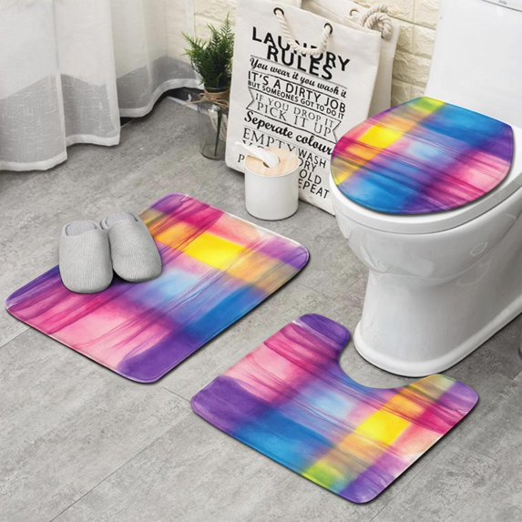 Colorful Watercolor Stripe Pattern Bathroom Rugs Sets 3 Piece,Toilet Cover Set,Absorbent Non Slip Bathroom Mats Sets with U-Shaped Contour Rug Toilet Rug Set