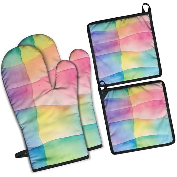 Colorful Watercolor Stripe Pattern Kitchen Oven Mitt and Pot Holder Sets 2 Pcs for Baking, Cooking and Grilling, Heat Resistant Up To 392 °F