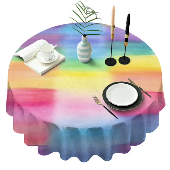 Colorful Watercolor Stripe Pattern Round Tablecloth 60"x60",Wrinkle Wipeable Table Cloth for Kitchen Dining Room Picnic Patio Party