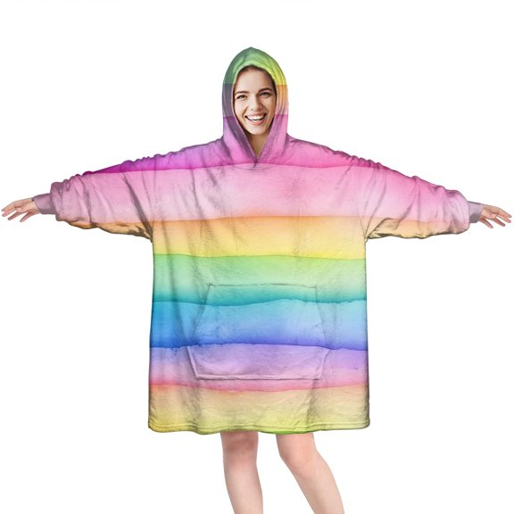 Colorful Watercolor Stripe Pattern Wearable Oversized Blanket,Wearable Blanket Hoodie for Adults,Cozy Hooded Blankets with Super Pockets,Super Warm Fuzzy Pullover for Women & Men