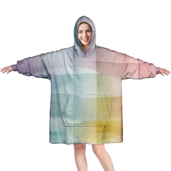 Colorful Watercolor Stripe Pattern Wearable Oversized Blanket,Wearable Blanket Hoodie for Adults,Cozy Hooded Blankets with Super Pockets,Super Warm Fuzzy Pullover for Women & Men