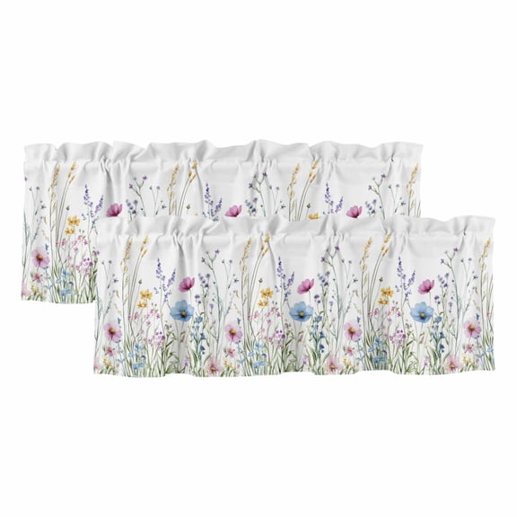Colorful Watercolor Window Valance, Wildflower Field Plant Nature Scenery 2 Pack Decorative Curtain for Small Windows, Light Filtering Valance with 3” Rod Pocket, 42"W x 12"L