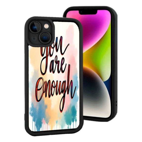 Colorful Watercolor ' You Are Enough ' Quote iPhone 15 Case - Lightweight Yellowing Resistant Black Border Perfect Fit