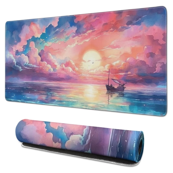 Colorful Waterful Sailboat Boat Sunrise Mouse Mat, Rectangle Large Non-Slip Rubber Gaming Mouse Pad with Stitched Edges, Office Mouse Pad for Women Men Kids, 31.5x15.7in