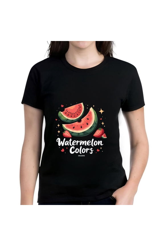 Colorful Watermelon & Strawberry Print Cotton Short Sleeve T-Shirt for Women - Playful Summer Design with Hearts & Stars - " Watermelon Colors "