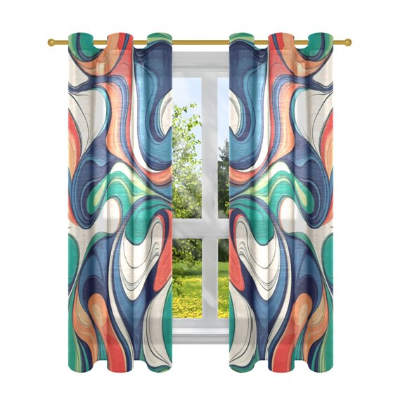 Colorful Wave Abstract Art Semi Sheer Curtains for Living Room Bedroom Set of 2 Insulated Window Drapes