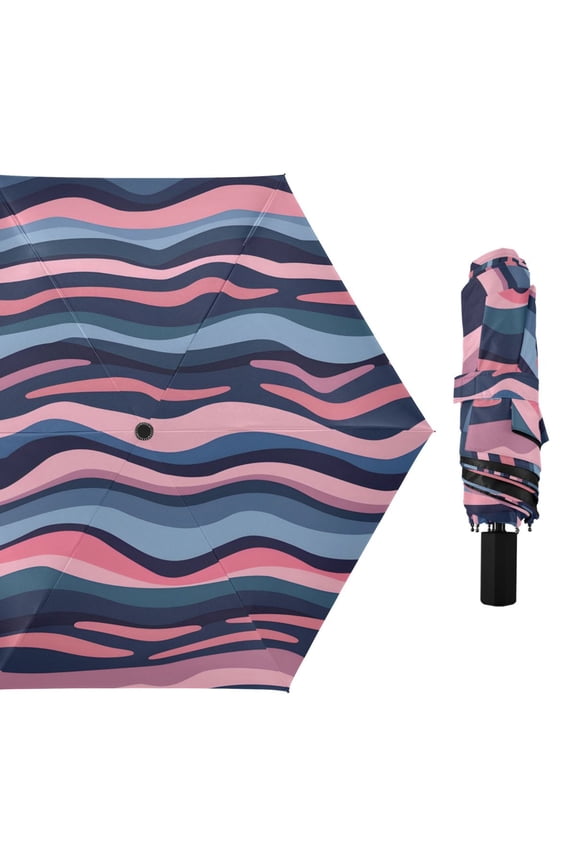 Colorful Wave Lines All Weather Umbrella Triple Folding Parasol 6 Ribs UV Protection Portable