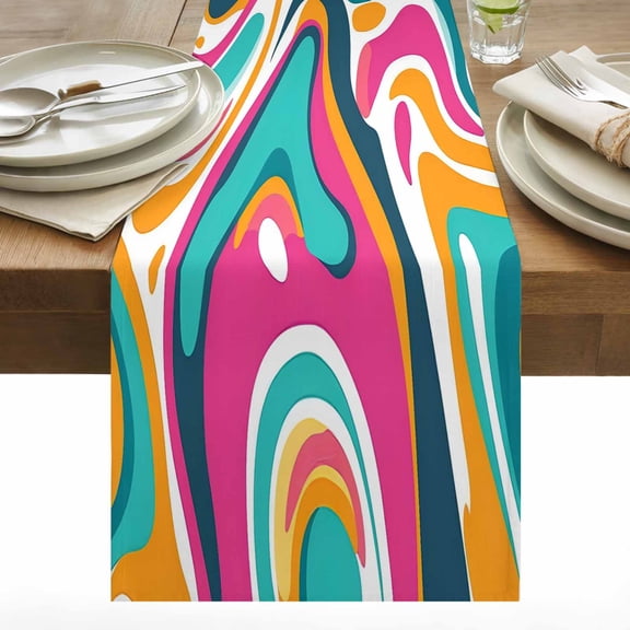 Colorful Waves Table Runner 13x36 inch Teal Pink Cotton Linen Dining Table Runner Ideal for Dresser Kitchen Coffee Tables - Machine Washable