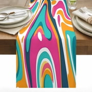 Colorful Waves Table Runner 13x36 inch Teal Pink Cotton Linen Dining Table Runner Ideal for Dresser Kitchen Coffee Tables - Machine Washable