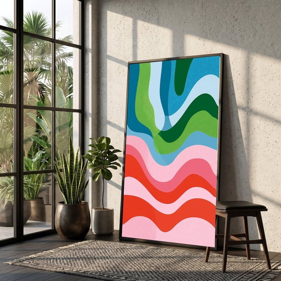 Colorful Waves Wall Art Abstract Modern Home Decor Vibrant Curved Lines Contemporary Art Ready To Hang Artwork, Unframed Paper Print