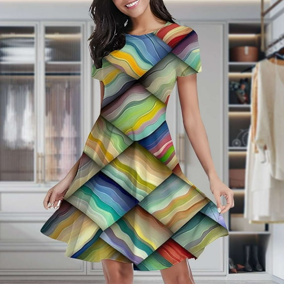 Colorful Wavy Abstract Pattern Women's Classic Swing Skater Dress Casual Work Party Cocktail Dresses