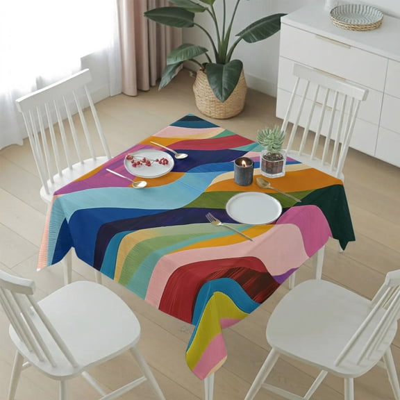 Colorful Wavy Boho Style Table Cloth 54x54in, Waterproof Square Tablecloth Wipeable Tablecloths Abstract Geometric Flowing Curves Table Covers for Dining Tables Party Indoor Outdoor