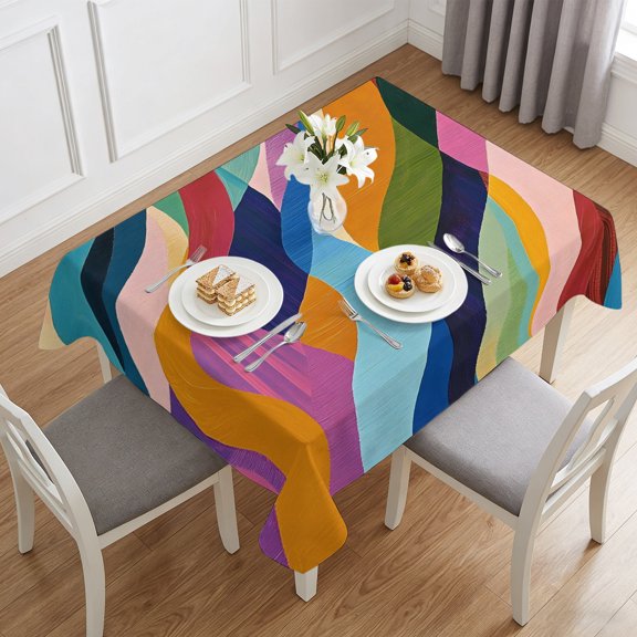 Colorful Wavy Boho Style Table Cloth 60x84in, Waterproof Rectangle Tablecloth Wipeable Tablecloths Abstract Geometric Flowing Curves Table Covers for Dining Tables Party Indoor Outdoor