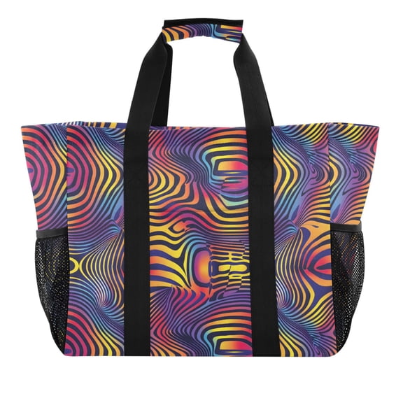 Colorful Wavy Lines Reusable Grocery Bags with Handle Side Pocket Waterproof Shopping Portable Tote