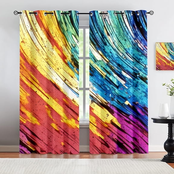 Colorful Wavy Rainbow Window Treatments, Nordic Simple Stripe Graffiti Blackout Curtains For Bedroom, Grommet Window Curtain For Bedroom Living Room Patio 52"W x 63"L (Pack of 2)